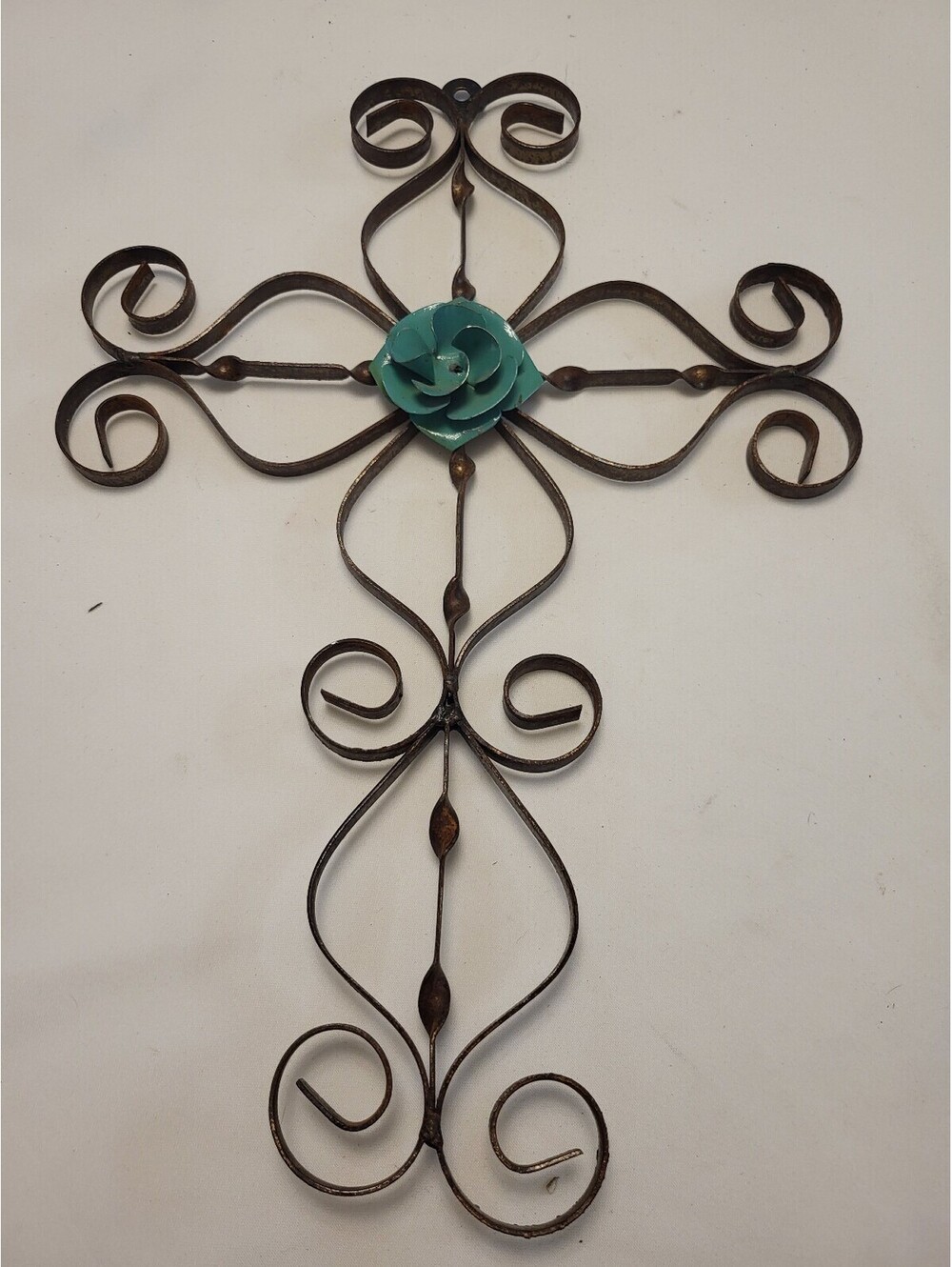 Decorative 17"x12" Wrought Iron Cross Wall Hanging with Turquoise Flower